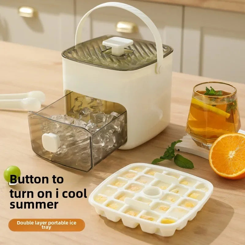 Double Layer Portable 48 Grid Press Type Ice Maker with Large Capacity and Easy Demolding. Handheld Ice Box with Lid and Drawer