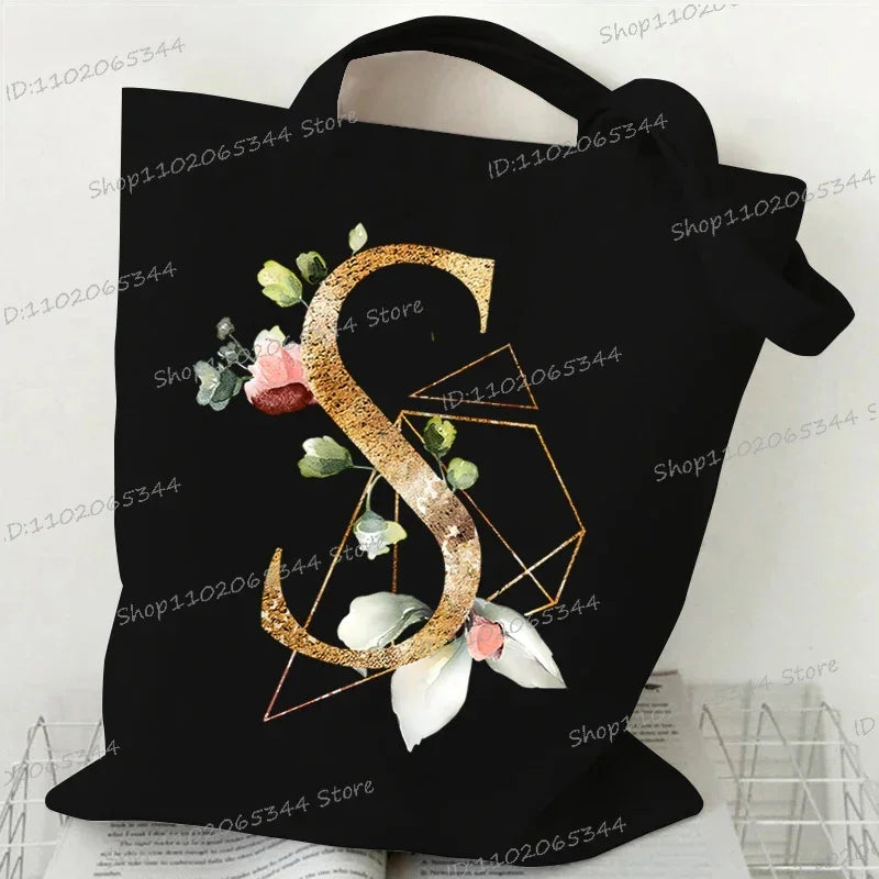 Golden Plant Print Canvas Bag Women's Shoulder Bag Fashion Floral Letter Shopping Shopper Ladies Hand Bags Alphabet Tote Bag