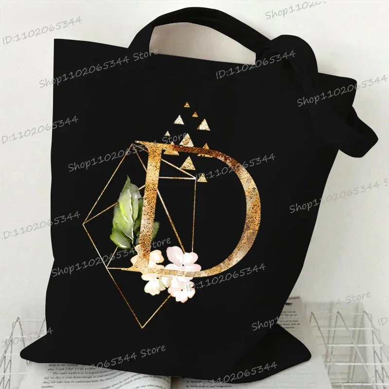 Golden Plant Print Canvas Bag Women's Shoulder Bag Fashion Floral Letter Shopping Shopper Ladies Hand Bags Alphabet Tote Bag