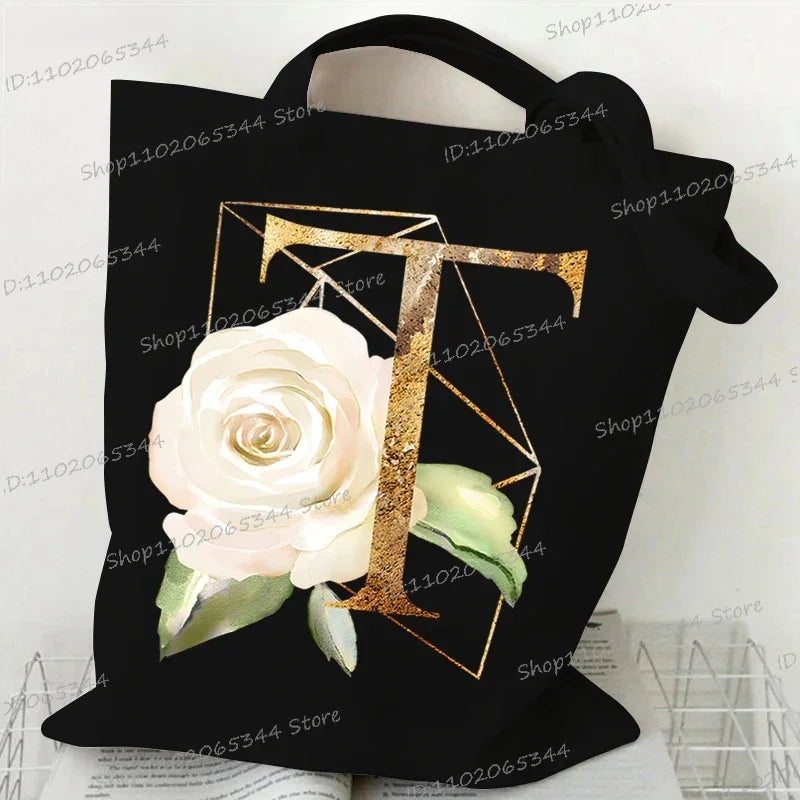 Golden Plant Print Canvas Bag Women's Shoulder Bag Fashion Floral Letter Shopping Shopper Ladies Hand Bags Alphabet Tote Bag