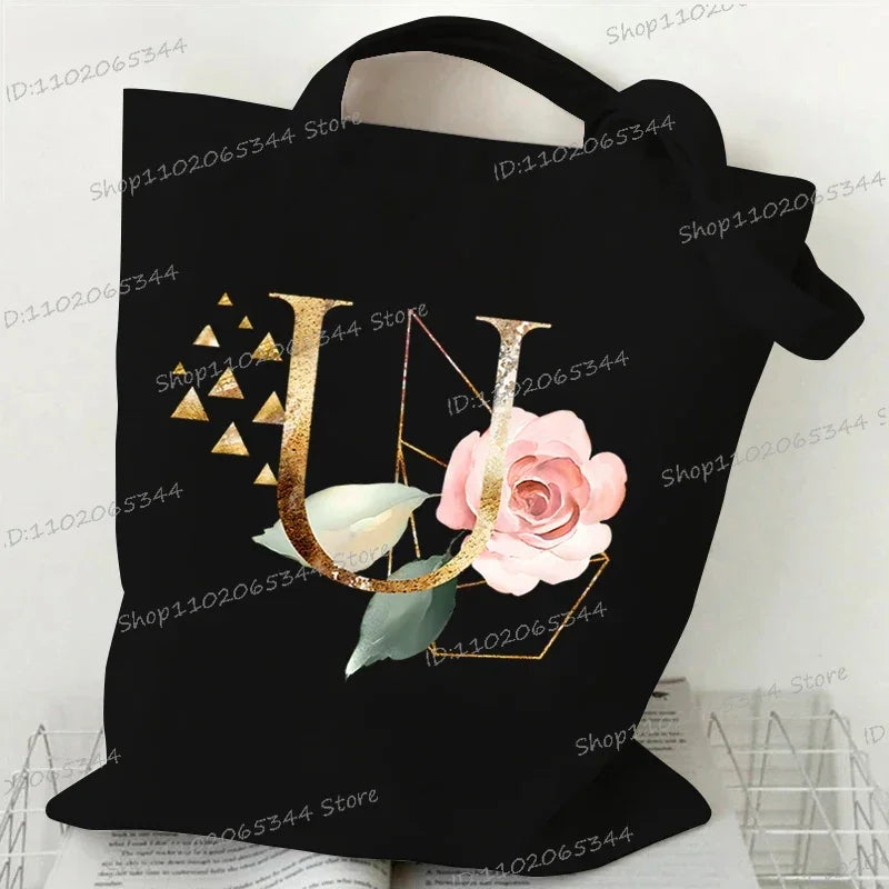 Golden Plant Print Canvas Bag Women's Shoulder Bag Fashion Floral Letter Shopping Shopper Ladies Hand Bags Alphabet Tote Bag