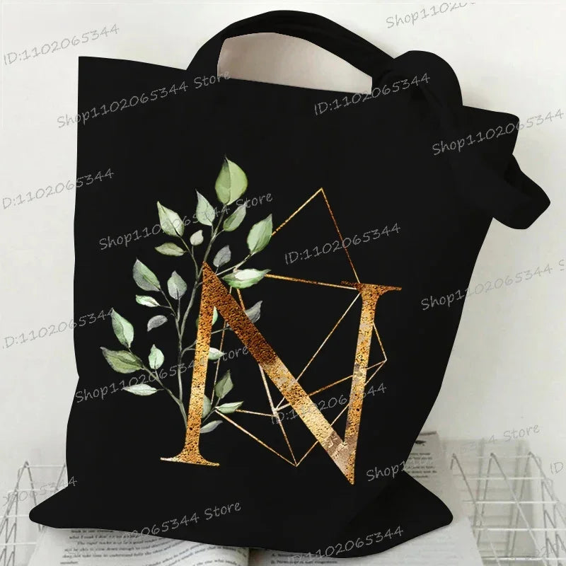 Golden Plant Print Canvas Bag Women's Shoulder Bag Fashion Floral Letter Shopping Shopper Ladies Hand Bags Alphabet Tote Bag