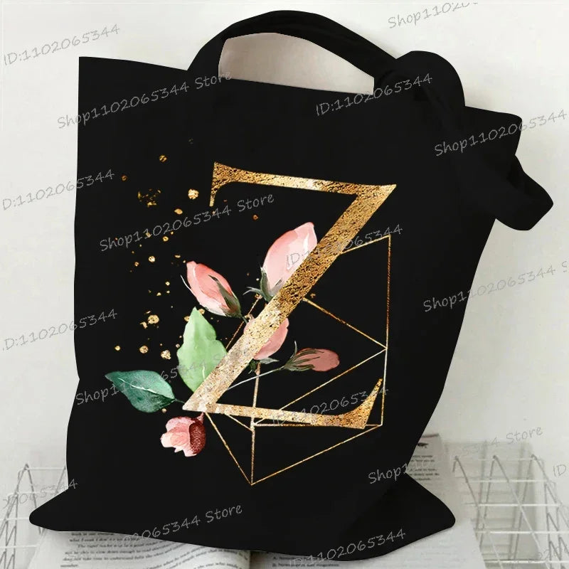 Golden Plant Print Canvas Bag Women's Shoulder Bag Fashion Floral Letter Shopping Shopper Ladies Hand Bags Alphabet Tote Bag