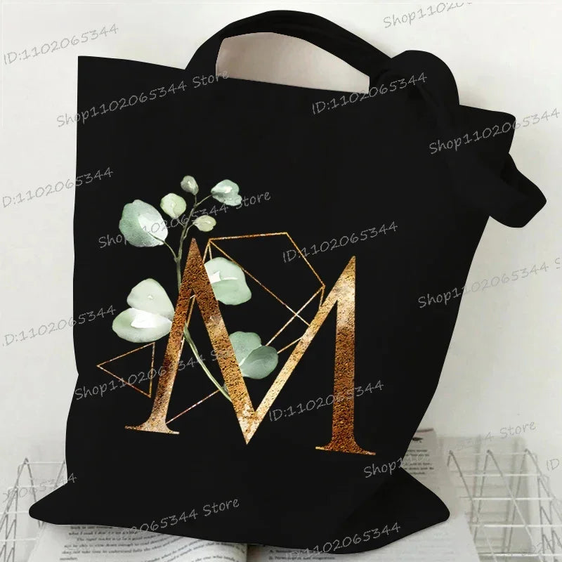 Golden Plant Print Canvas Bag Women's Shoulder Bag Fashion Floral Letter Shopping Shopper Ladies Hand Bags Alphabet Tote Bag
