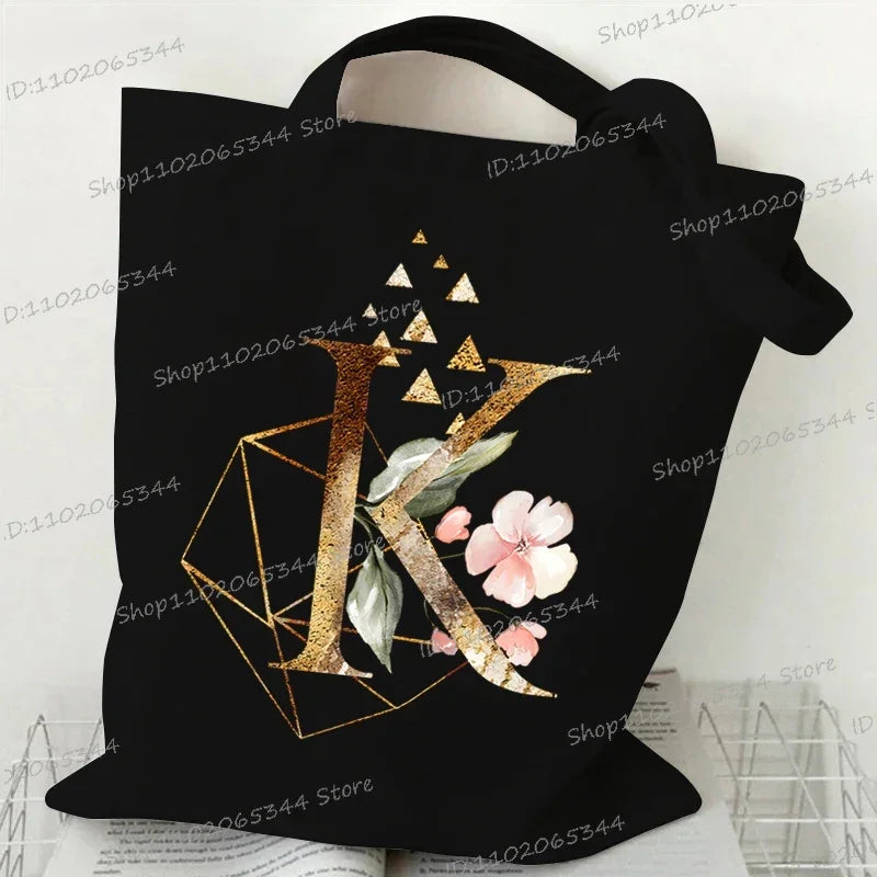 Golden Plant Print Canvas Bag Women's Shoulder Bag Fashion Floral Letter Shopping Shopper Ladies Hand Bags Alphabet Tote Bag