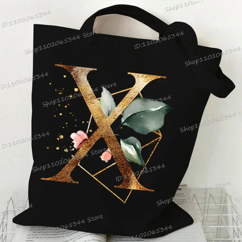 Golden Plant Print Canvas Bag Women's Shoulder Bag Fashion Floral Letter Shopping Shopper Ladies Hand Bags Alphabet Tote Bag