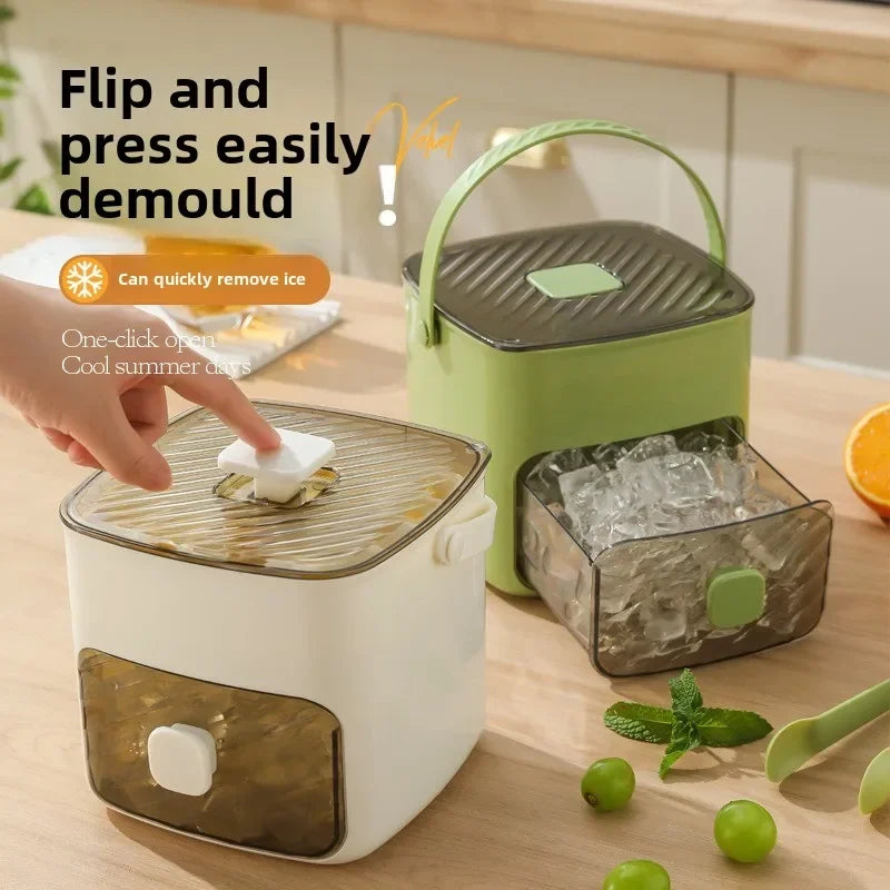 Double Layer Portable 48 Grid Press Type Ice Maker with Large Capacity and Easy Demolding. Handheld Ice Box with Lid and Drawer
