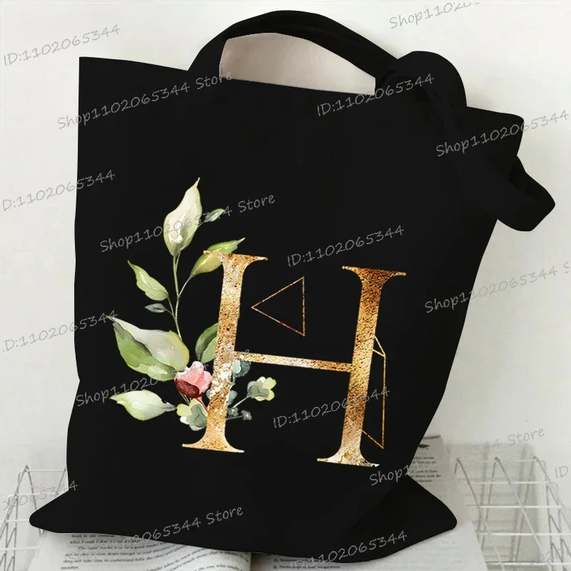 Golden Plant Print Canvas Bag Women's Shoulder Bag Fashion Floral Letter Shopping Shopper Ladies Hand Bags Alphabet Tote Bag