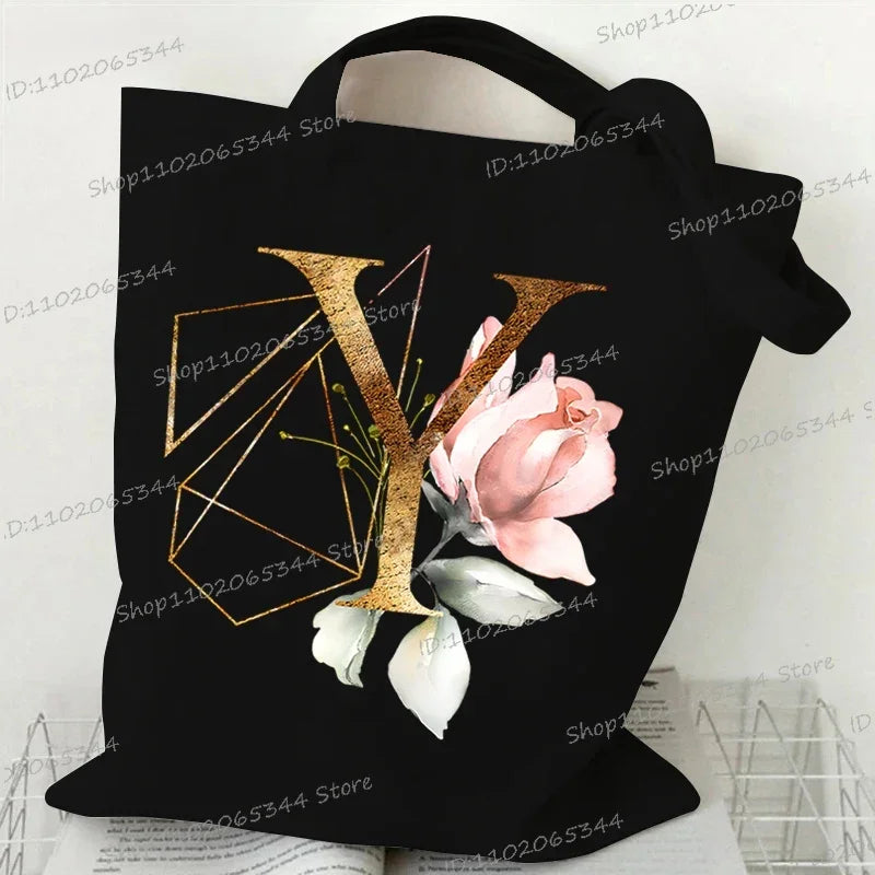 Golden Plant Print Canvas Bag Women's Shoulder Bag Fashion Floral Letter Shopping Shopper Ladies Hand Bags Alphabet Tote Bag