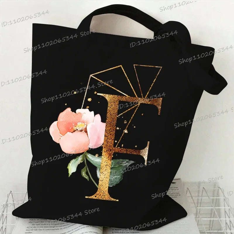 Golden Plant Print Canvas Bag Women's Shoulder Bag Fashion Floral Letter Shopping Shopper Ladies Hand Bags Alphabet Tote Bag