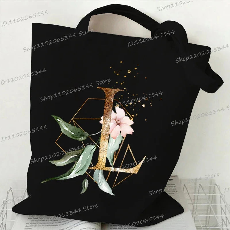 Golden Plant Print Canvas Bag Women's Shoulder Bag Fashion Floral Letter Shopping Shopper Ladies Hand Bags Alphabet Tote Bag