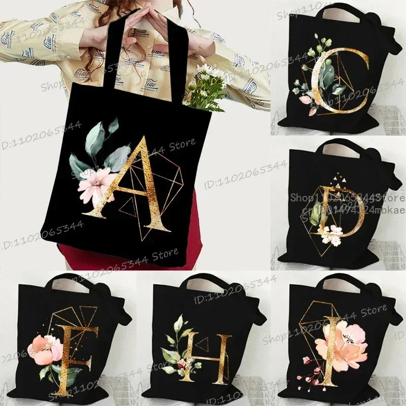 Golden Plant Print Canvas Bag Women's Shoulder Bag Fashion Floral Letter Shopping Shopper Ladies Hand Bags Alphabet Tote Bag
