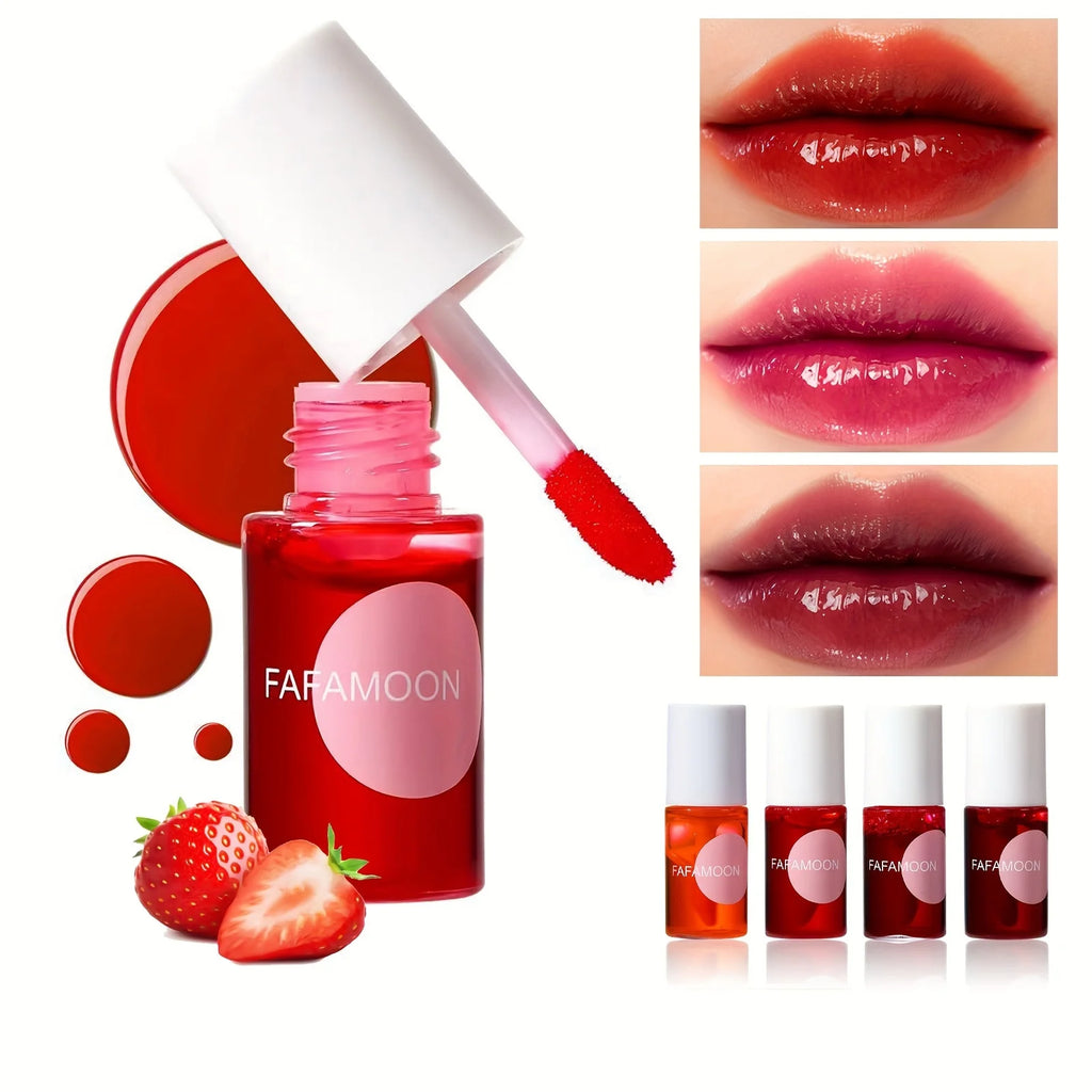 4 Color Fruity Lip Tint Water Gloss Tint, Moisturizing Waterproof Liquid Lipstick, Non-Stick, High Pigment, Long-Lasting Colors