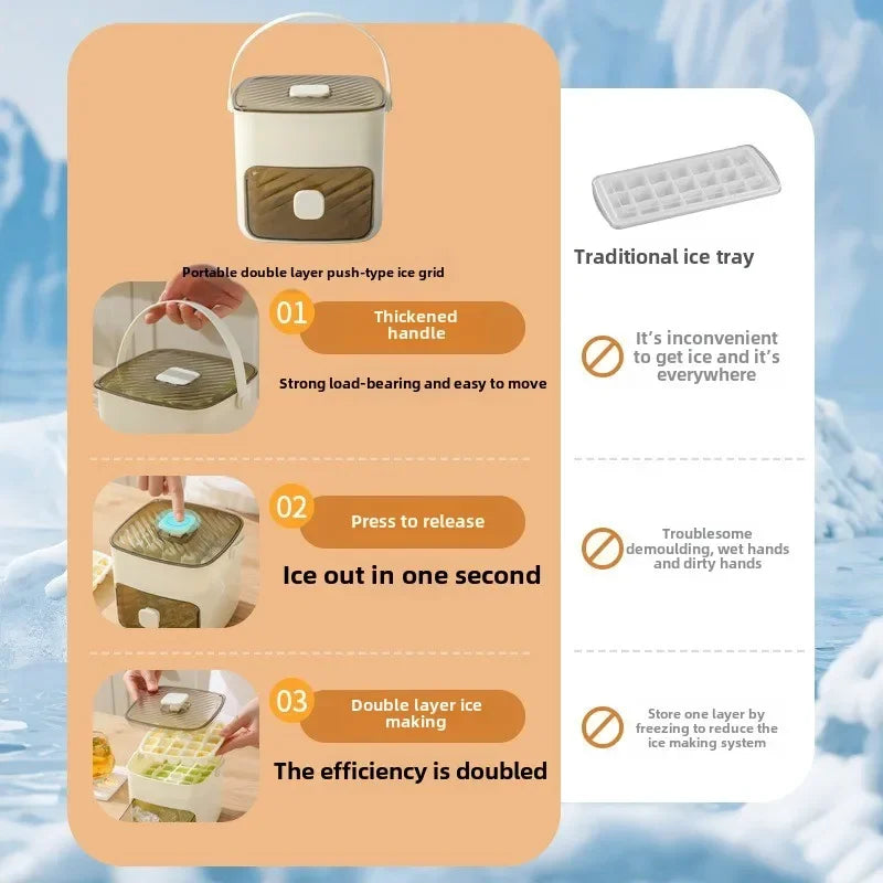 Double Layer Portable 48 Grid Press Type Ice Maker with Large Capacity and Easy Demolding. Handheld Ice Box with Lid and Drawer