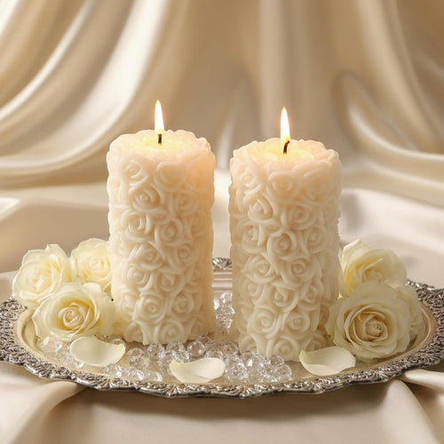 White Vanilla Rose Pillar Candle for Home Décor
